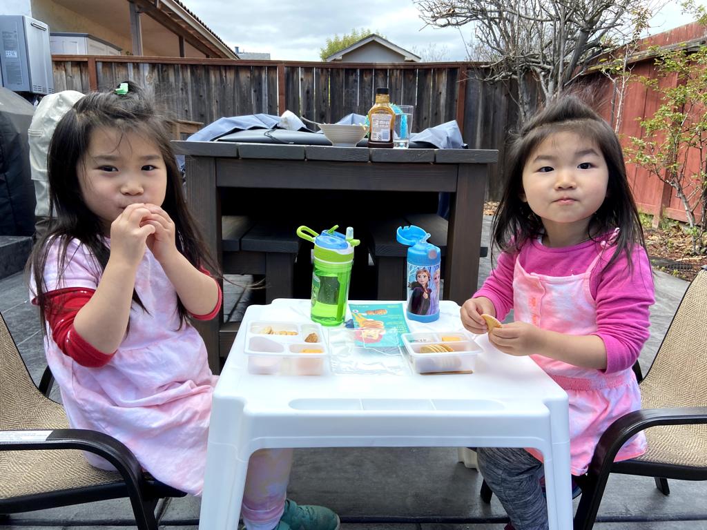 Sometimes we get to eat lunch outside too! Daddy has been making gourmet meals but we prefer lunchables.